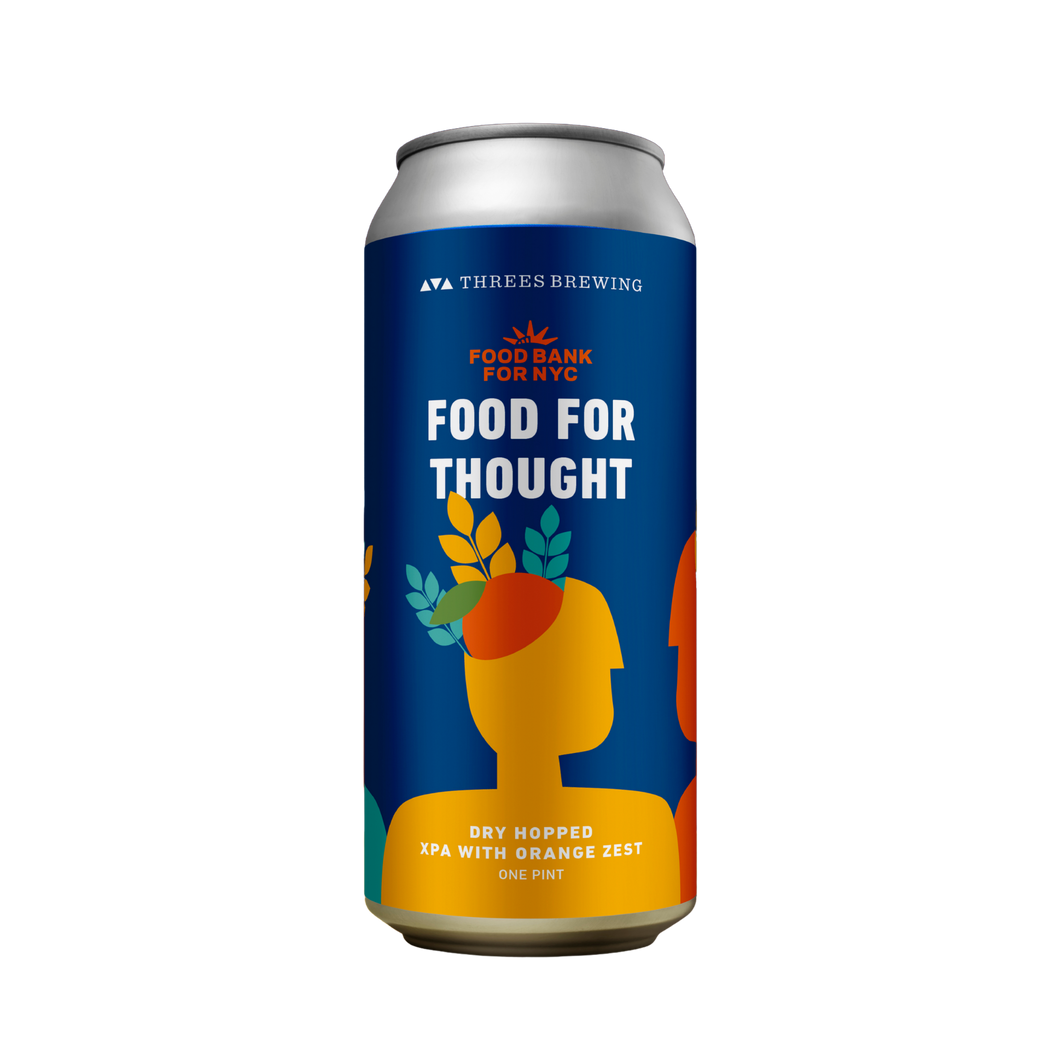 Beer can with 'Food for Thought' branding on a white background