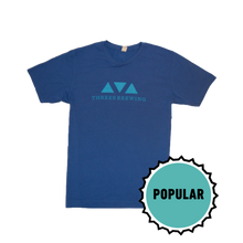 Load image into Gallery viewer, Blue t shirt with lighter blue Threes logo. Image is badged with text that says &quot;Popular&quot;
