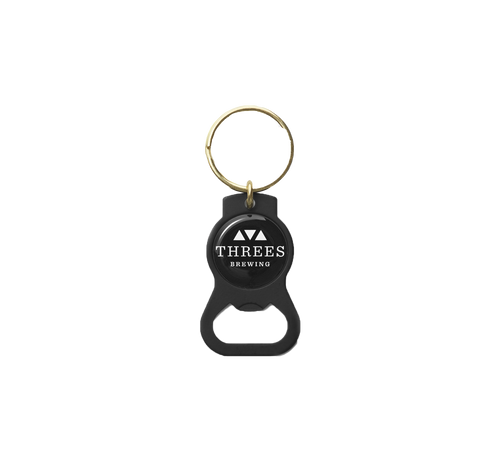 Matte black bottle opener keychain with Threes logo 