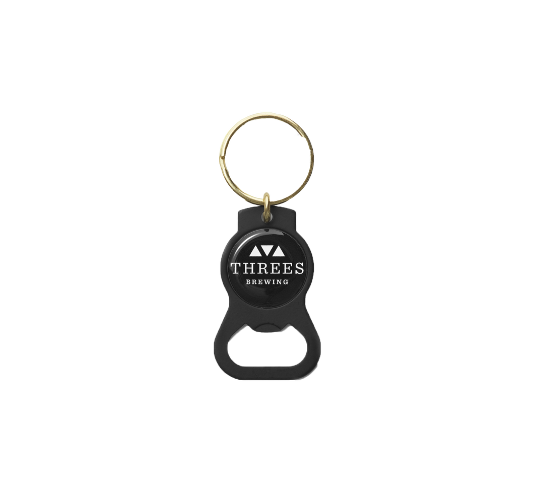 Matte black bottle opener keychain with Threes logo 